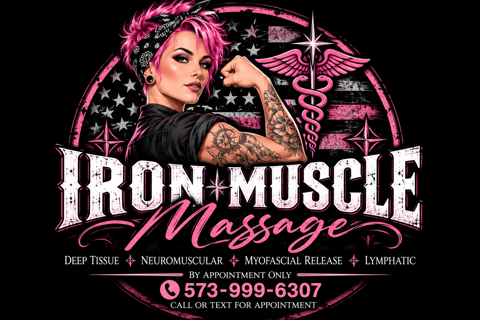 Iron Muscle Massage Rosie the Riveter inspired logo